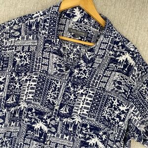 Slate & Stone Button Down Mens XL Blue Tropical Batik Rayon Short Sleeve Shirt